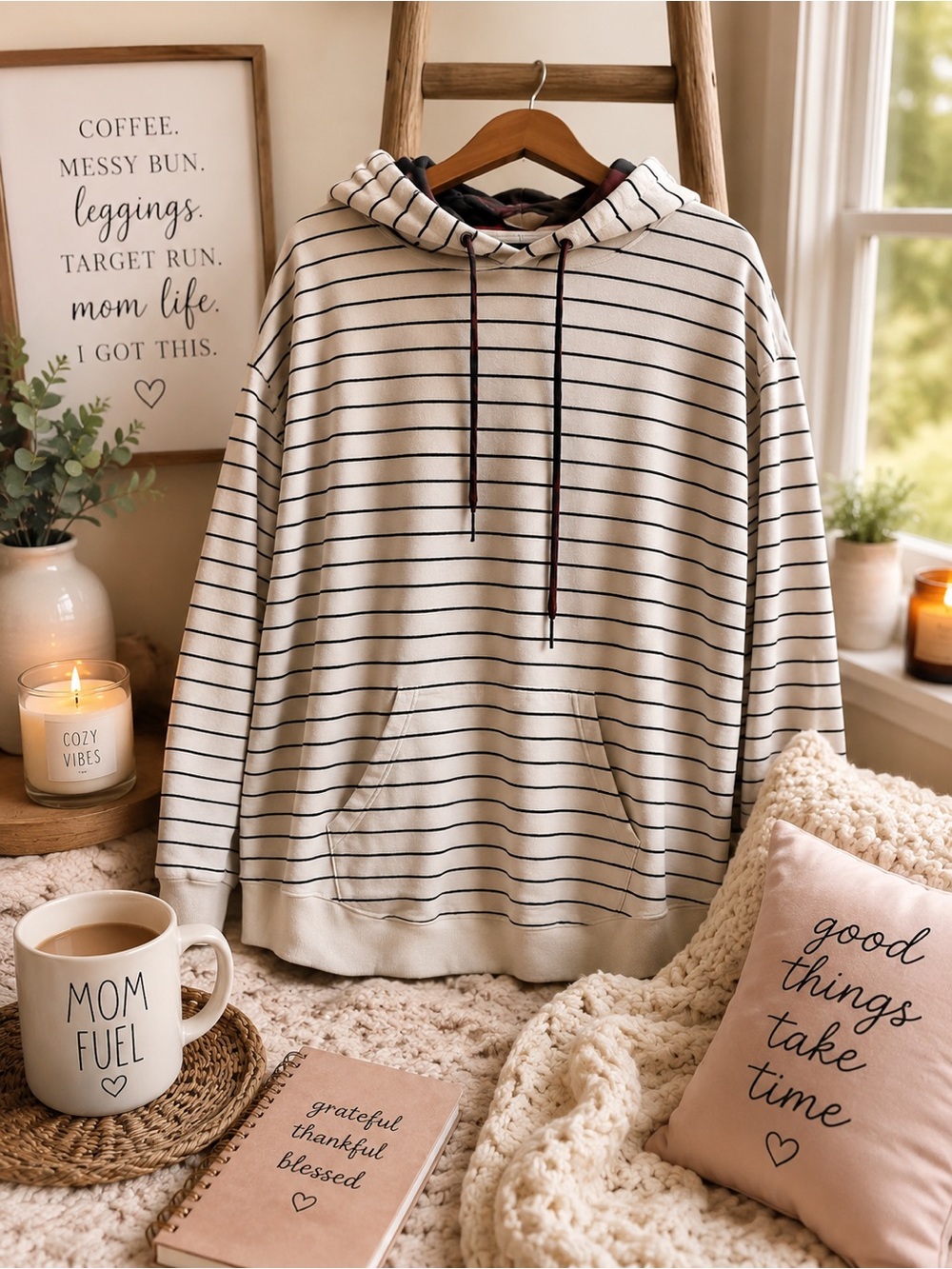 Maurices Cream and Black Striped Hooded Tunic with Red Drawstrings